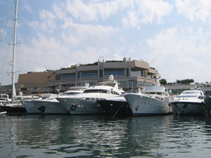 The Palais des Festivals in France, rising behind the super yachts during a show in Cannes